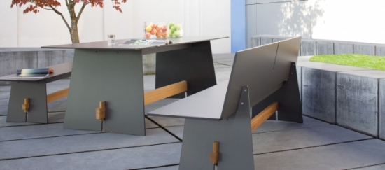 minimalistyczne meble na taras, nowoczesne meble do ogrodu, stół z ławkami